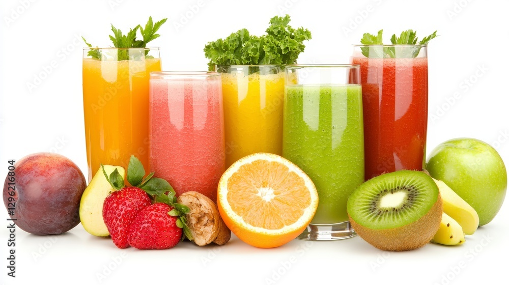 Colorful Fresh Juices and Fruits Displayed on White Background with Greenery for Healthy Lifestyle Concept Colorful Fresh Juices and Fruits Displayed on White Background with Greenery for Healthy Lifestyle Concept