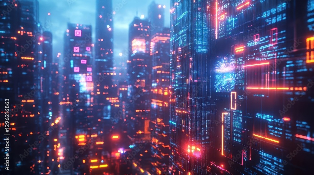 A futuristic apartment building with glowing neon outlines and holographic windows displaying digital landscapes, Cyberpunk, 3D Render, Cool tones A futuristic apartment building with glowing neon outlines and holographic windows displaying digital landscapes, Cyberpunk, 3D Render, Cool tones