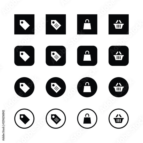 Icon set, e-commerce symbols, shopping icons,
price tags, shopping bag shopping basket,
minimalist design, black and white, vector
graphics, user interface elements, web design
assets, mobile app icon
