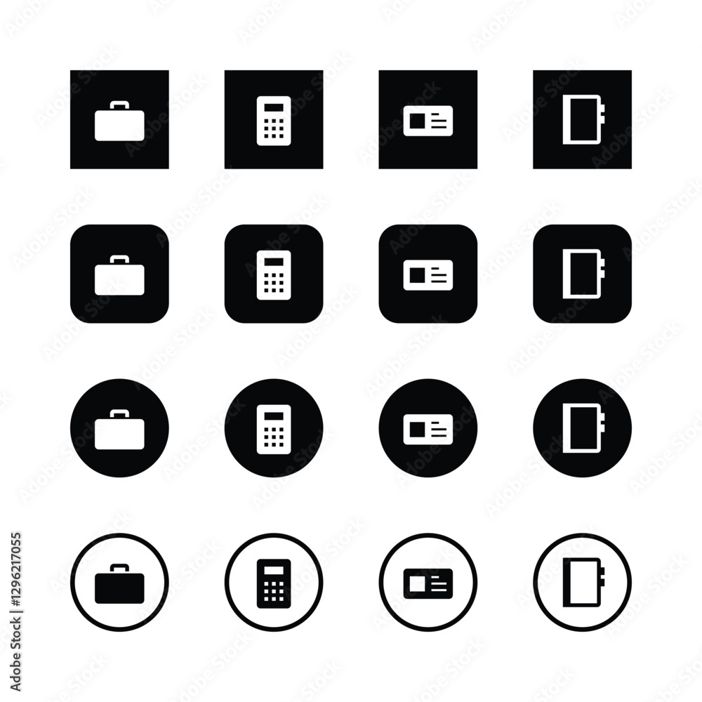 icon set, business essentials, minimalist
design, black and white, briefcase, calculator,
ID card, smartphone, square icons, circular
icons, outlined icons, solid icons, vector
‘graphics, simple shape icon set, business essentials, minimalist
design, black and white, briefcase, calculator,
ID card, smartphone, square icons, circular
icons, outlined icons, solid icons, vector
‘graphics, simple shape
