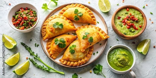 Wallpaper Mural Delicious Seminola Empanadas with Spiced Beef, Coconut Milk, Lime, S_flalis, and Guacamole - Flat Lay Food Photography Torontodigital.ca