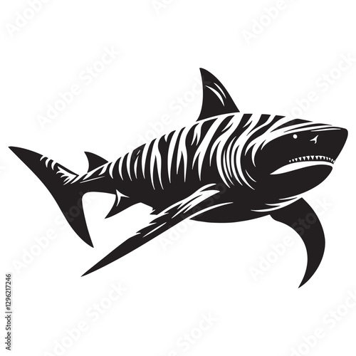 Majestic Tiger Shark silhouette, the embodiment of marine dominance - Tiger Shark illustration - Minimalist Tiger Shark vector - Fish silhouette
