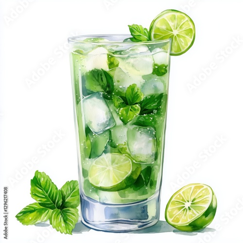 Wallpaper Mural Watercolor Illustration of Mojito Cocktail with Mint and Lime Torontodigital.ca
