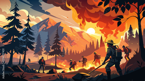 A scene of firefighters battling a large forest fire on a mountain, with their equipment silhouetted against the intense flames and smoke that are engulfing the surrounding trees and 