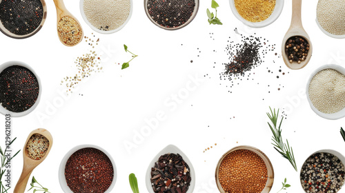 Fototapeta Naklejka Na Ścianę i Meble -  Various colorful seeds and spices forming a frame on transparent background