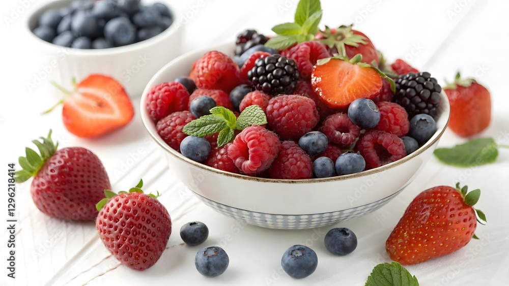 A vibrant bowl of mixed berries on a white background, emphasizing their rich colors and textures A vibrant bowl of mixed berries on a white background, emphasizing their rich colors and textures