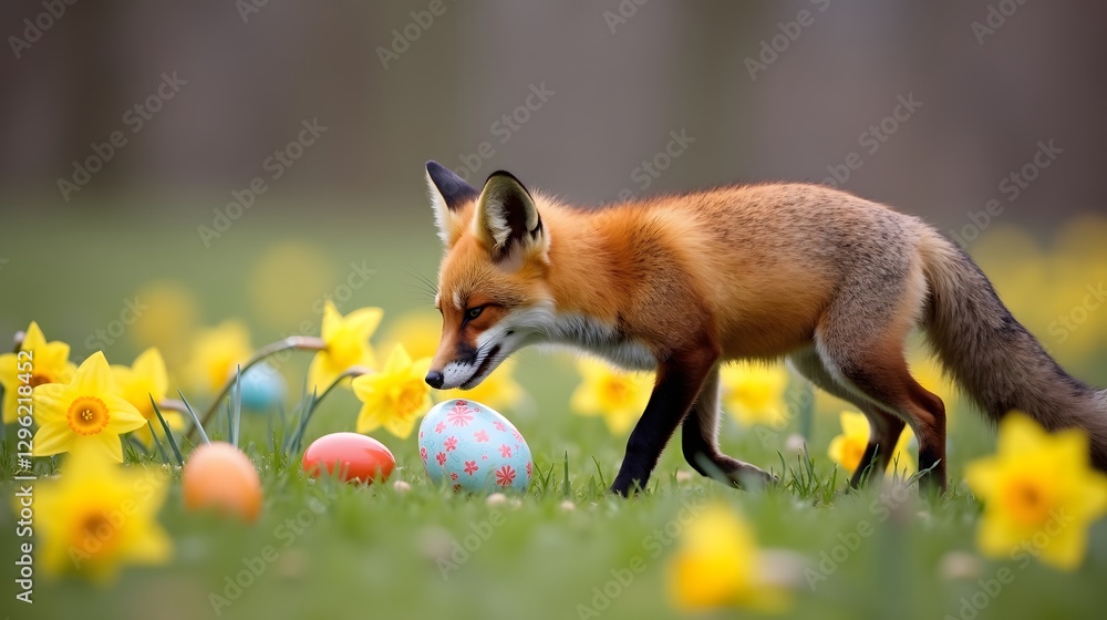 Fototapeta premium A gentle fox carefully rolling an Easter egg through a field of daffodils with its nose.