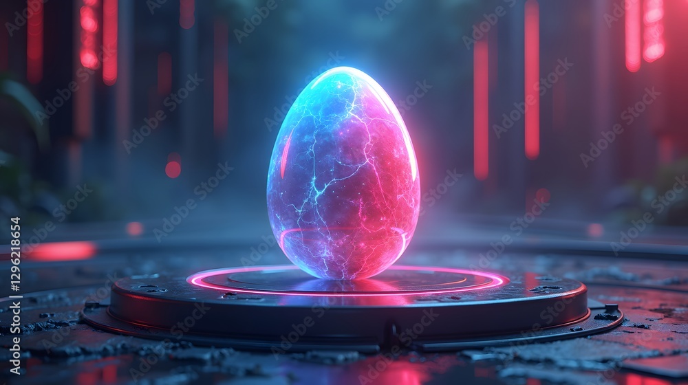 Fototapeta premium A glowing neon Easter egg resting on a futuristic platform pulsating with mysterious energy.