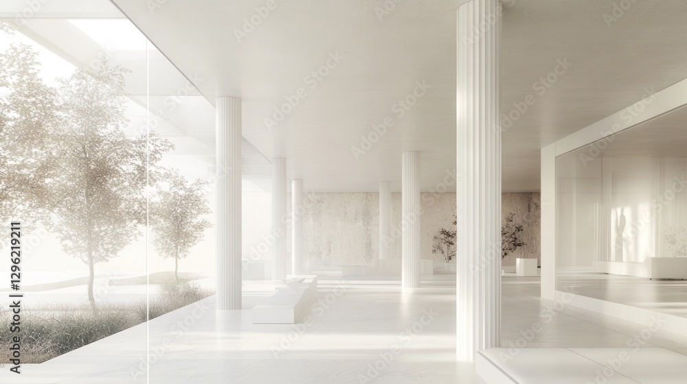 Fototapeta premium Modern white colonnaded hall with garden view. Possible use Interior design, architecture, commercial, editorial