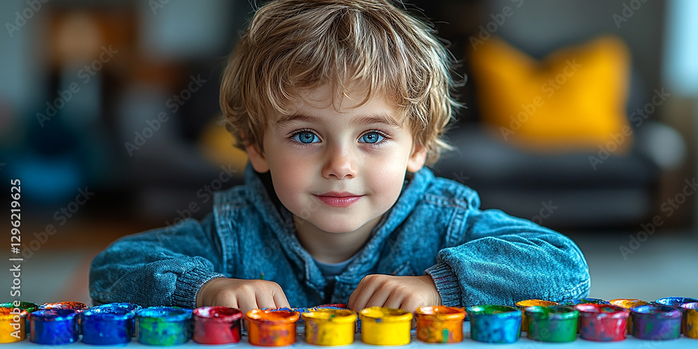 Portrait of a little boy drawing at a table