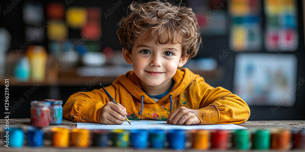 Portrait of a little boy drawing at a table