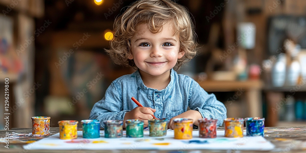 Portrait of a little boy drawing at a table