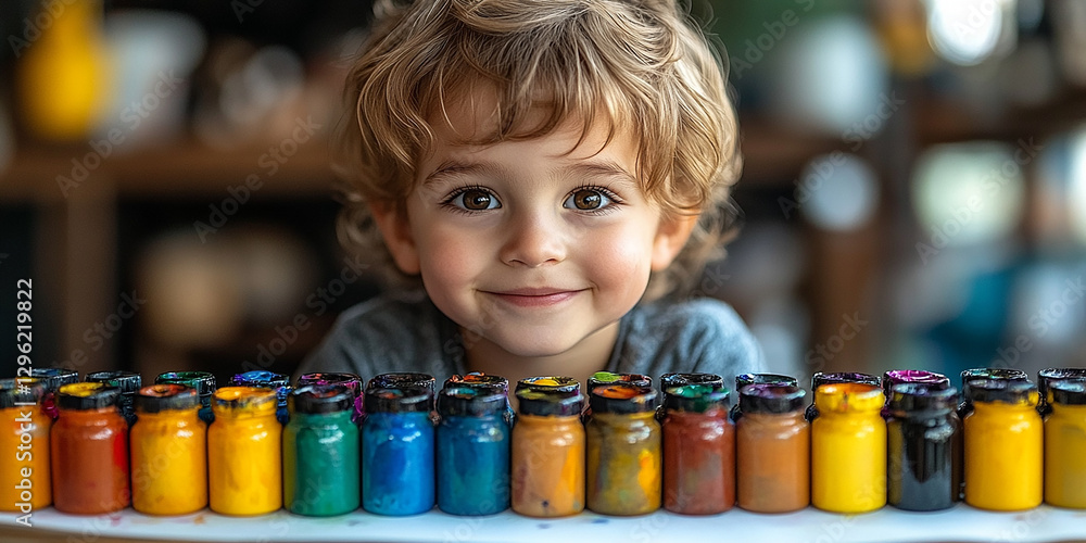 Portrait of a little boy drawing at a table
