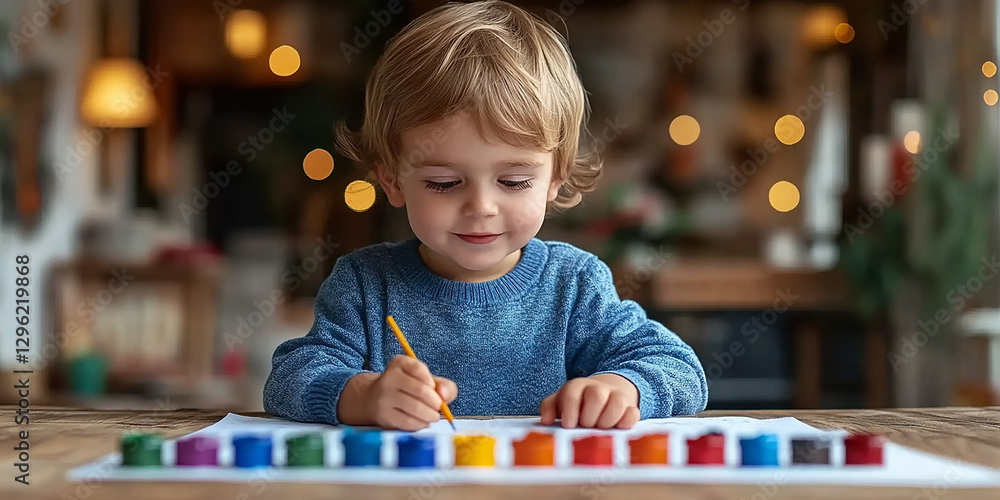 Portrait of a little boy drawing at a table