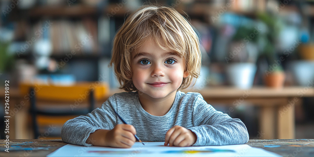 Portrait of a little boy drawing at a table