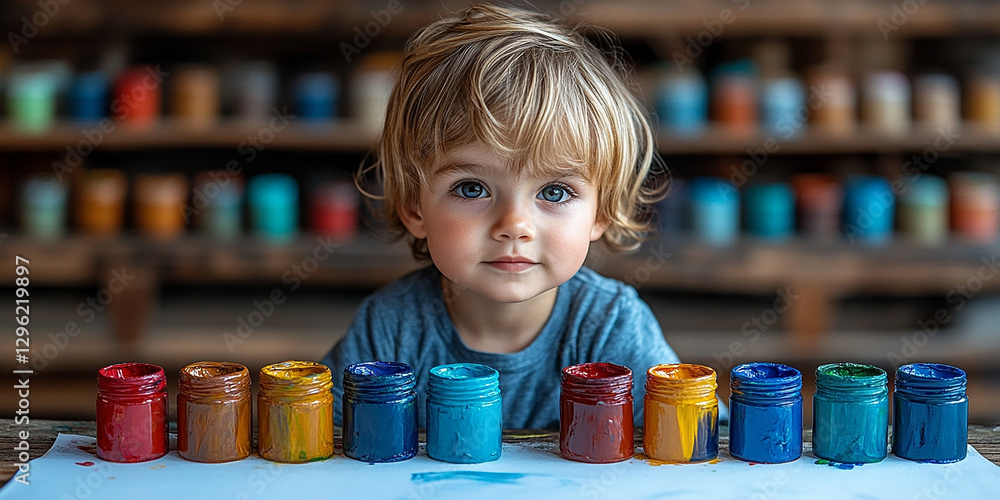 Portrait of a little boy drawing at a table