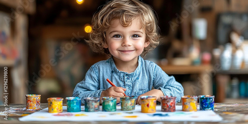 Obraz na płótnie Portrait of a little boy drawing at a table w salonie