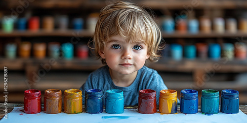 Portrait of a little boy drawing at a table