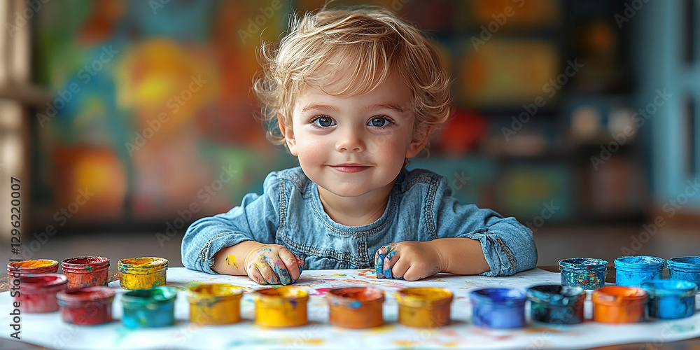 Portrait of a little boy drawing at a table