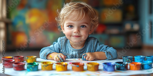 Obraz na płótnie Portrait of a little boy drawing at a table w salonie