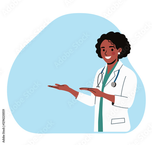  Doctor black woman point up at good deal and advices use this copy space.. Vector flat style cartoon illustration