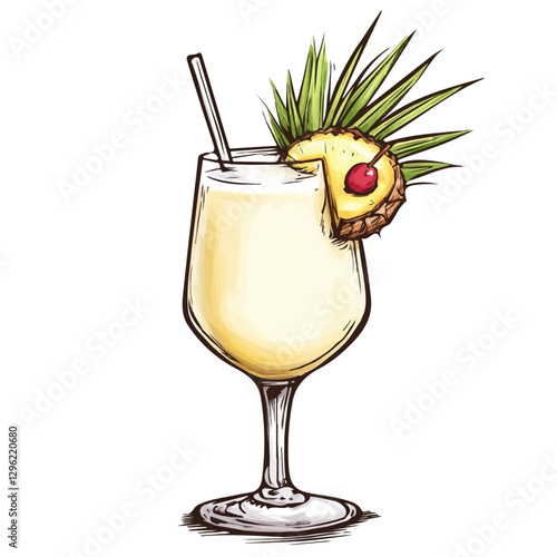 Piña colada minimalist 2D vector graphic illustration sketch on a white background.

