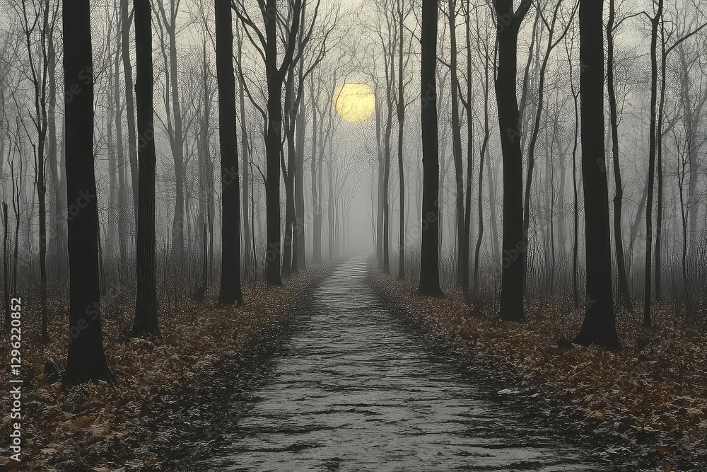 Obraz premium Serene foggy forest pathway with a glowing moon, surrounded by tall trees and fallen leaves