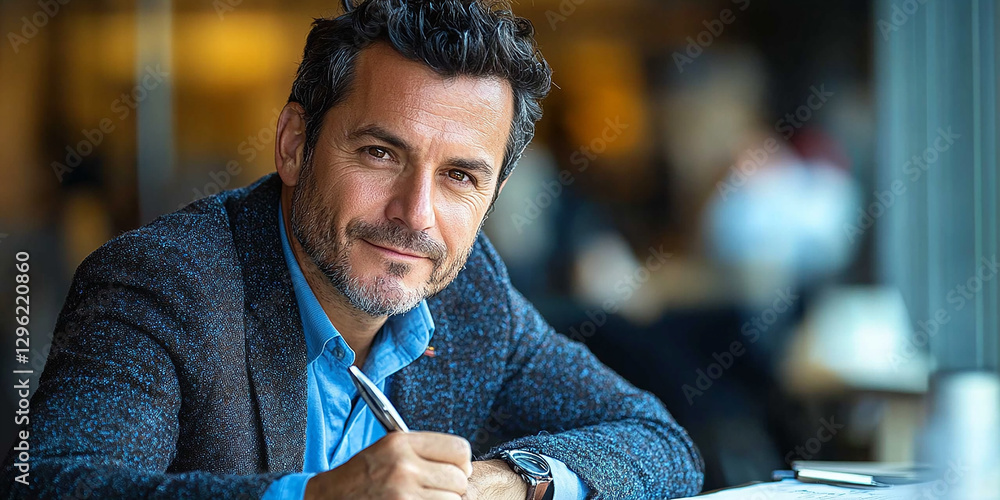 Portrait of a young businessman writing notes at his desk