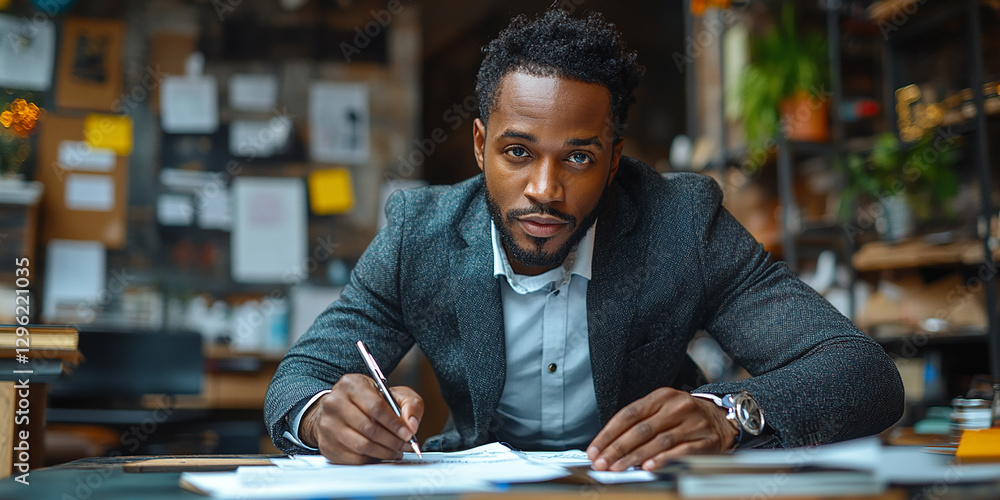 Portrait of a young businessman writing notes at his desk