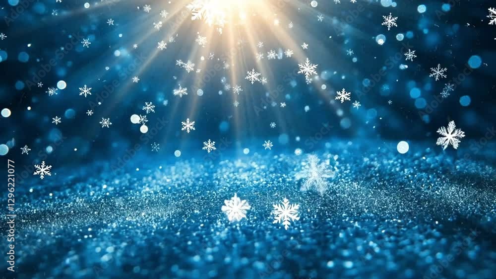 A sparkling blue background with light rays and snowflakes, creating a festive atmosphere footage A sparkling blue background with light rays and snowflakes, creating a festive atmosphere footage