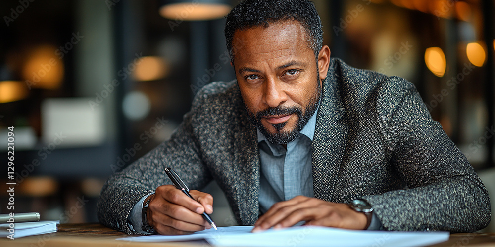 Portrait of a young businessman writing notes at his desk