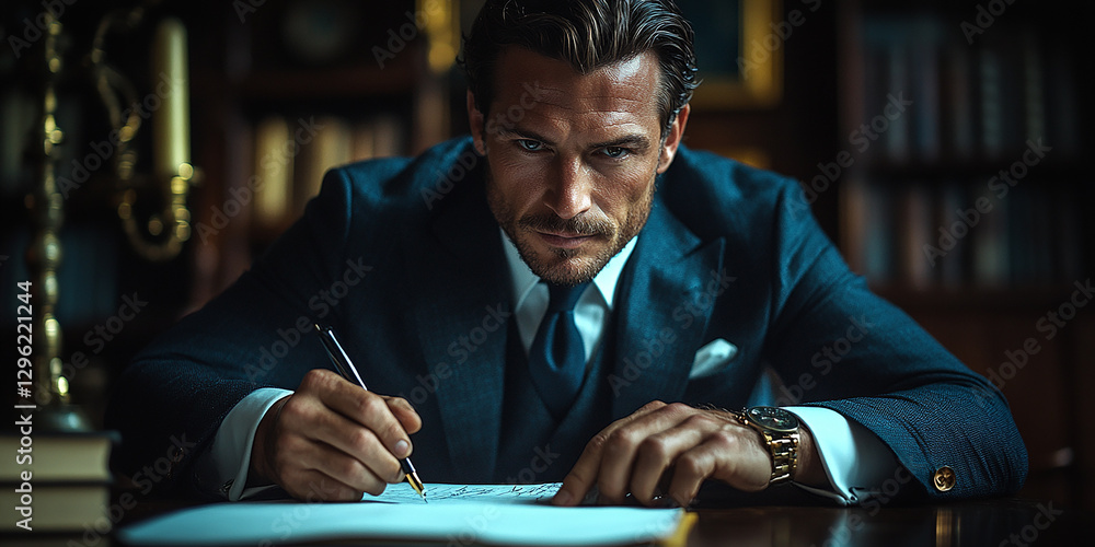 Portrait of a young businessman writing notes at his desk