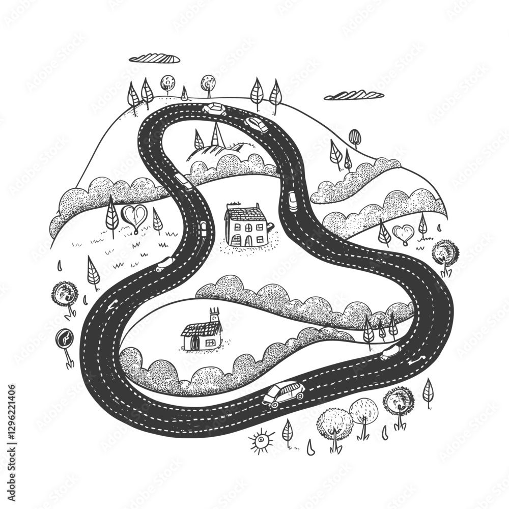 Obraz premium A Hand Drawn Sketch Of A Winding Road Through A Countryside Landscape