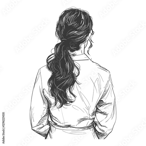 A Hand Drawn Sketch Of A Woman With Long Hair In A Ponytail From Behind