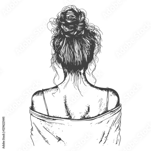 A Hand Drawn Sketch Of A Woman With Hair In A Bun Viewed From Behind
