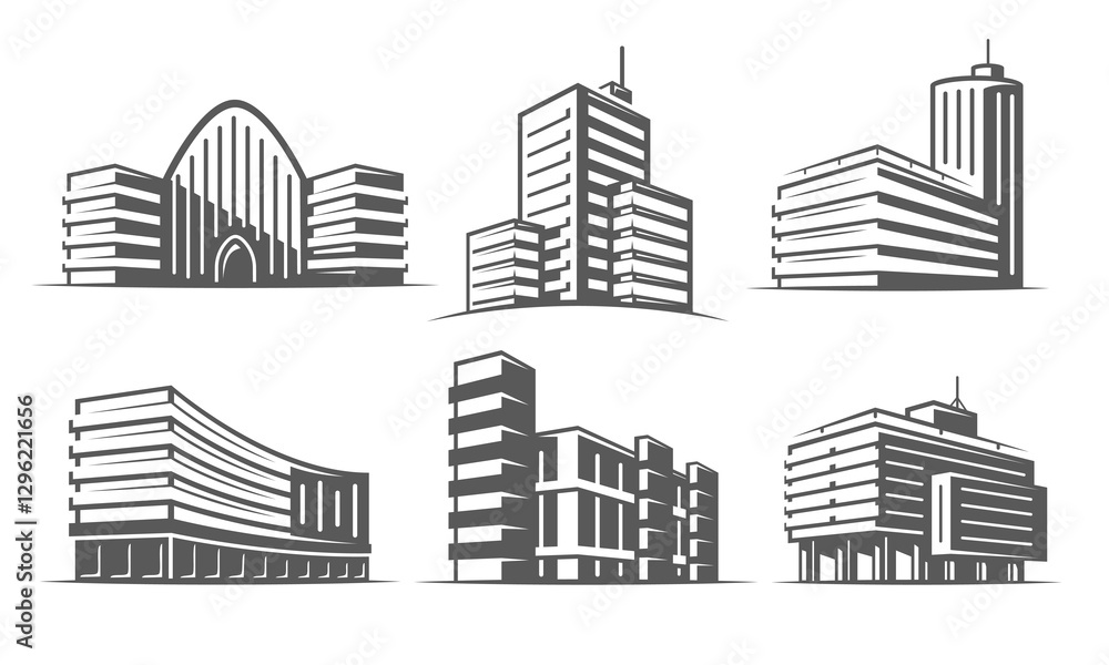 Fototapeta premium Building icon set isolated on white background. Collection sign real estate, business center, office. Outline hotel, bank, shop, city, hospital symbol. Vector illustration