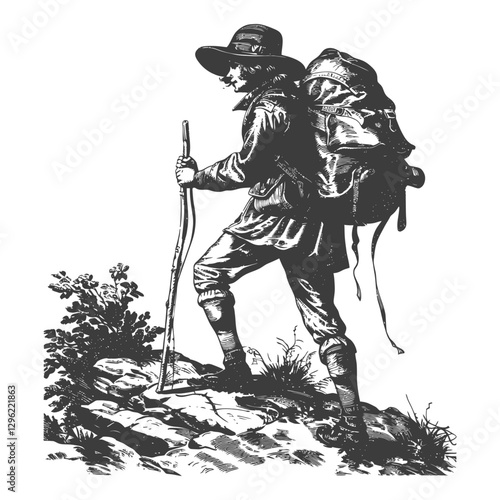A Man With A Backpack And Hiking Stick Hiking Up A Mountain