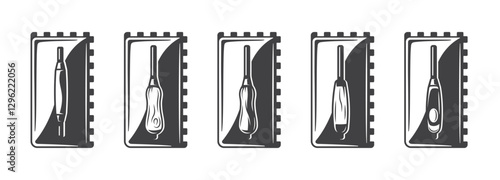 Trowel rectangular notched set for laying floor tiles isolated on white background. Spatulas for cementitious adhesive. Construction trowel icons. Vector illustration