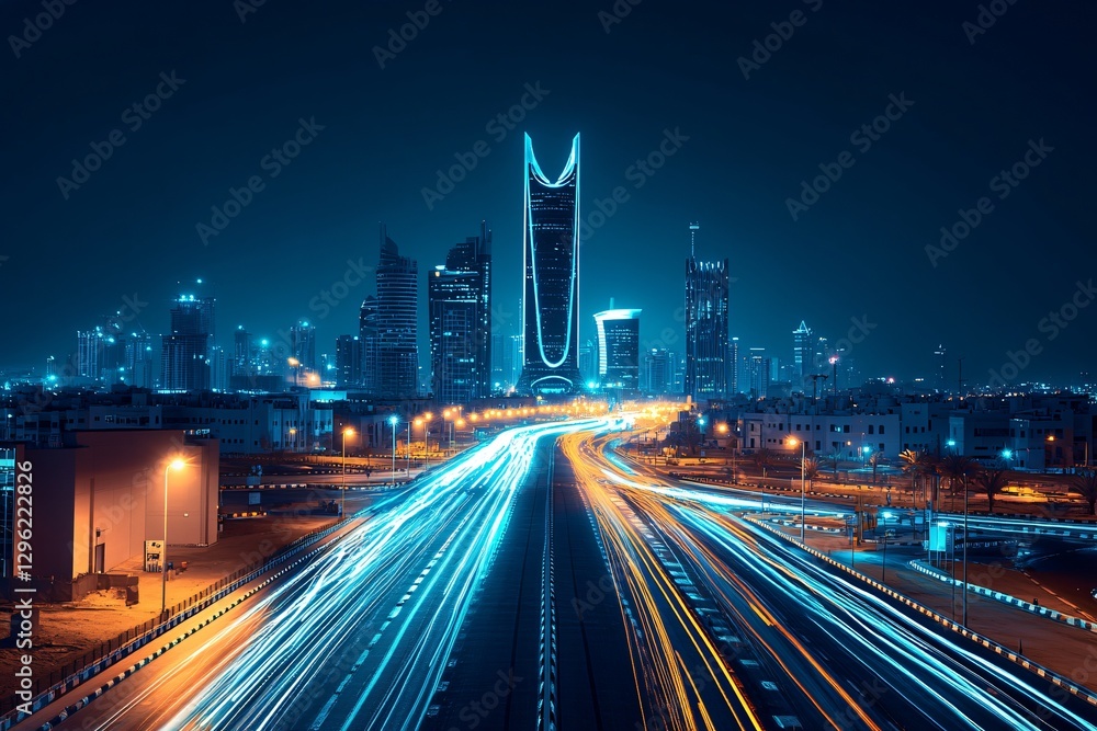 Fototapeta premium Night cityscape with towering skyscrapers and streaks of light from moving traffic, captured with long exposure. Perfect backdrop for automotive advertisements and urban development themes.