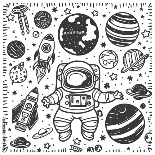 Astronaut With Spacecraft Planets And Stars In Black And White Doodle Illustration