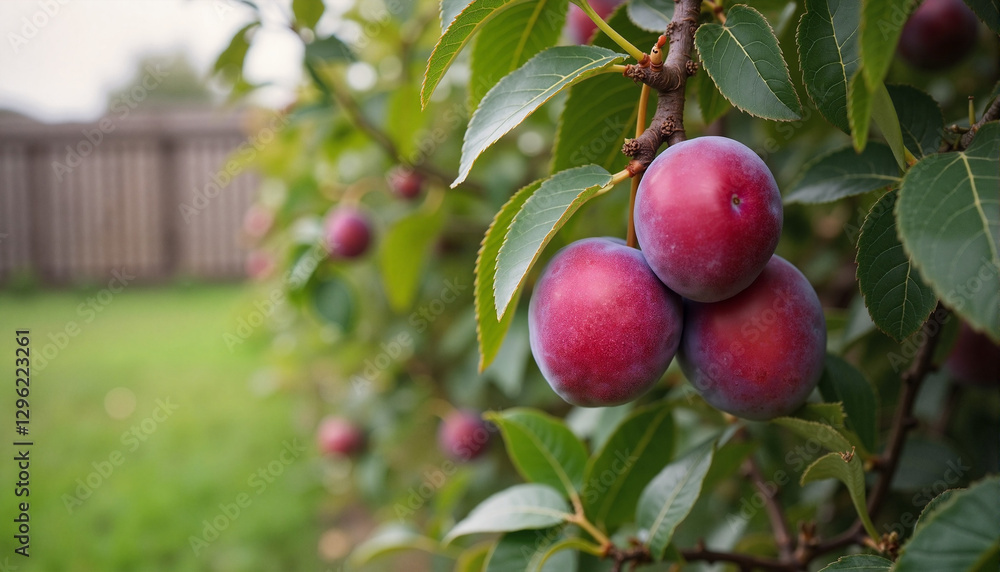 Plum tree heavy with plums, feeling bountiful, in a rural orchard setting Plum tree heavy with plums, feeling bountiful, in a rural orchard setting