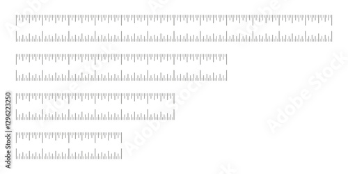 Set of inch rulers. Measuring tool templates. Scale for ruler in inches. Inches measuring scales from 4 to 12. Metrics indicator inch. Measuring scales icons. Mockups isolated on a white background.