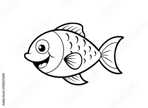 Cute Cartoon Fish Drawing - Black and White Illustration