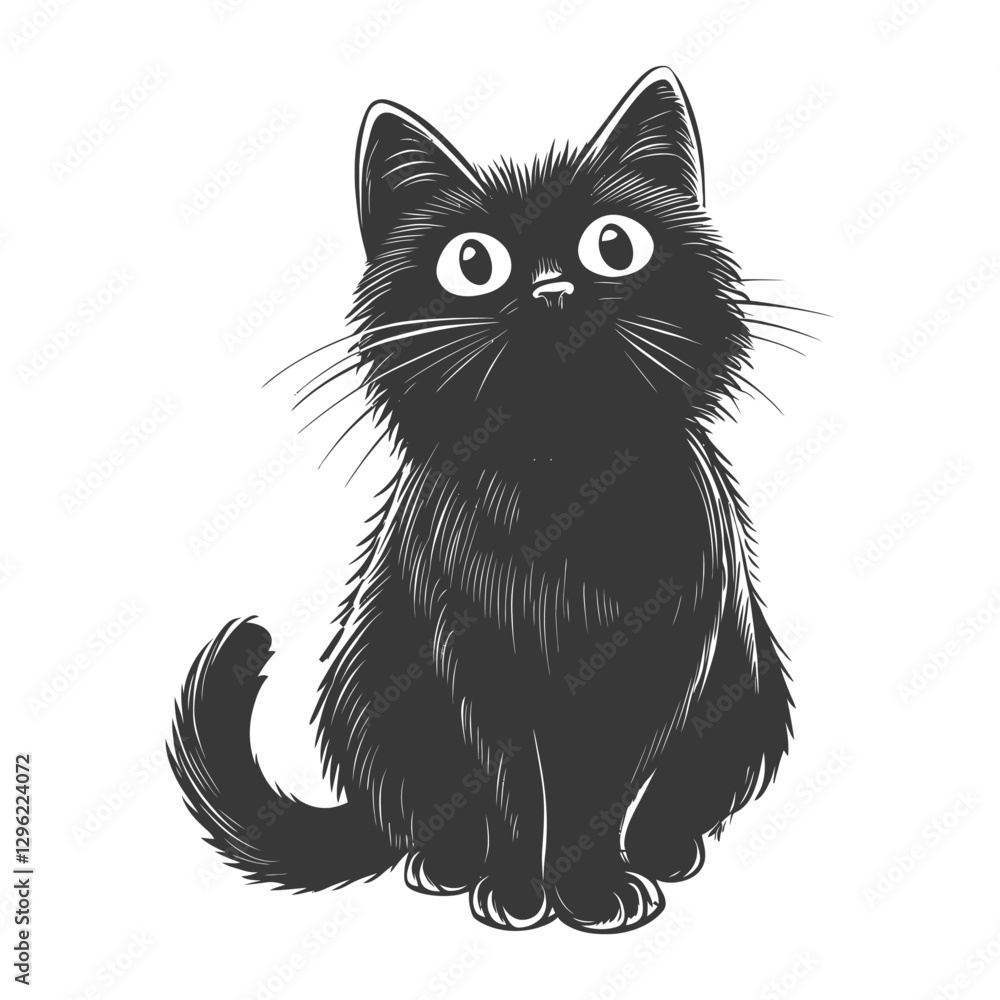 Fototapeta premium Black Cat Sitting With Big Eyes Looking Up