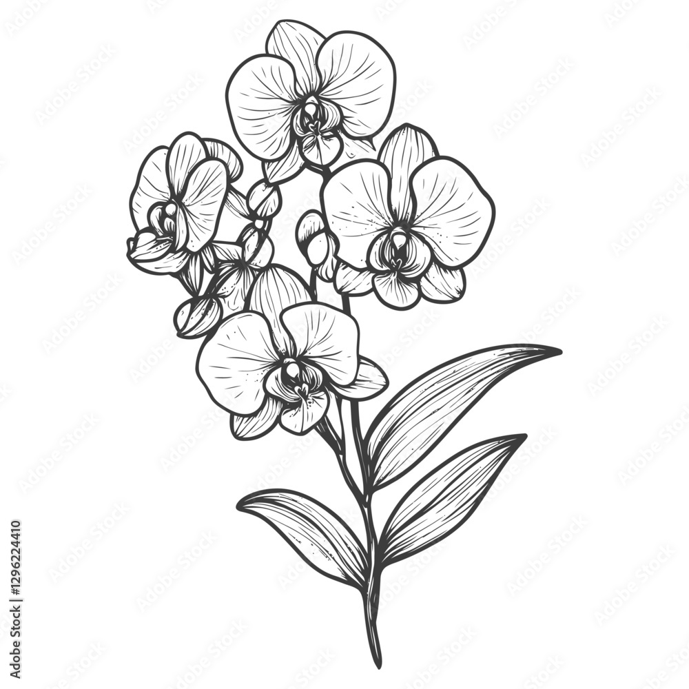 Hand Drawn Black And White Illustration Of A Branch Of Orchids Hand Drawn Black And White Illustration Of A Branch Of Orchids