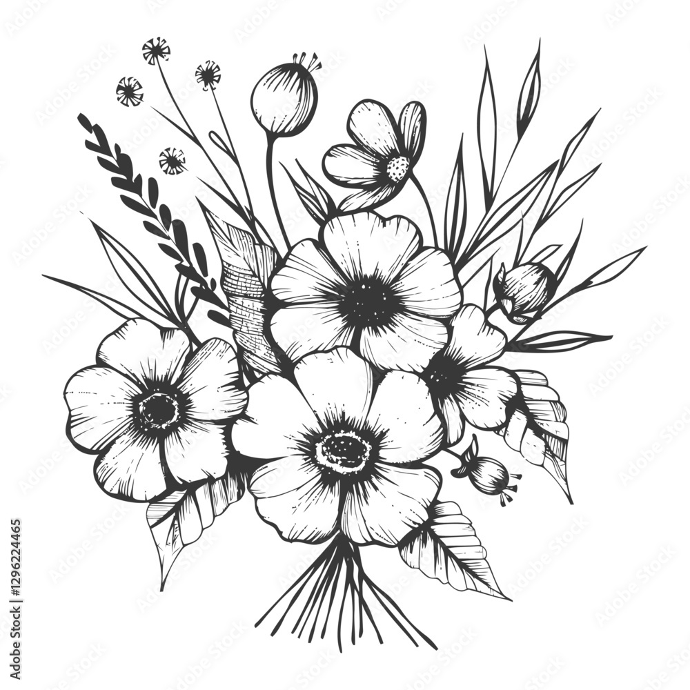 Hand Drawn Black And White Illustration Of A Floral Bouquet Design Hand Drawn Black And White Illustration Of A Floral Bouquet Design