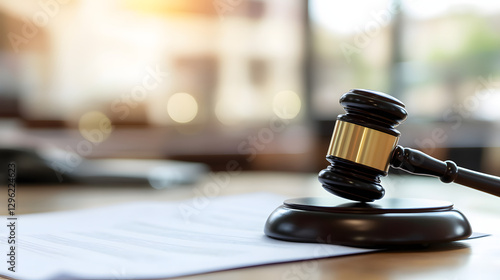 Close-up of a gavel resting on legal documents, symbolizing intellectual property disputes and legal proceedings in a courtroom setting.