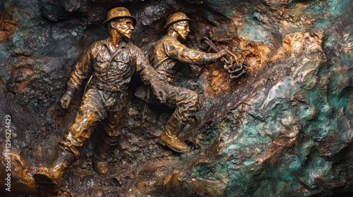 Bronze miners sculpture in rock relief.