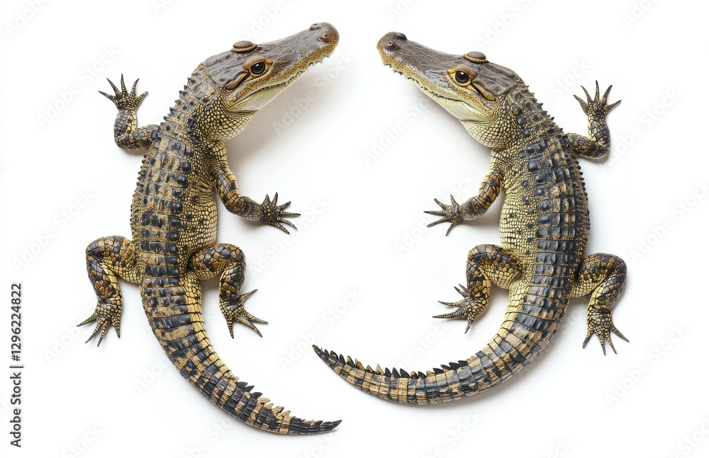 Naklejka premium Two Lifesize Crocodiles with Intricate Skin Patterns Displayed on a White Background for Nature Photography Projects and Wildlife Education