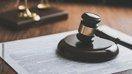 Close-up of a gavel resting on legal documents, symbolizing intellectual property disputes and legal proceedings in a courtroom setting.